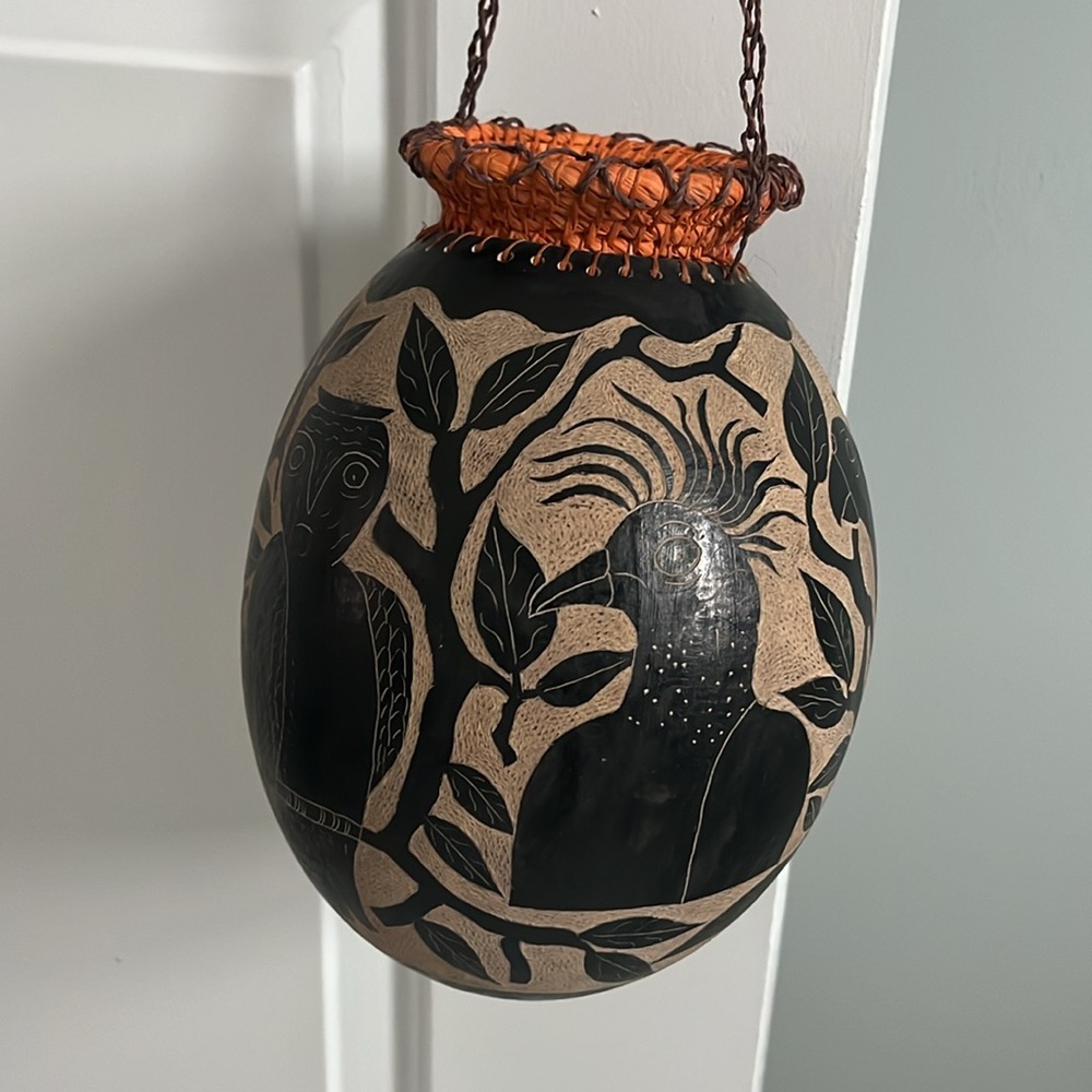 Peruvian Hand Made Carved and Painted Hanging Vase